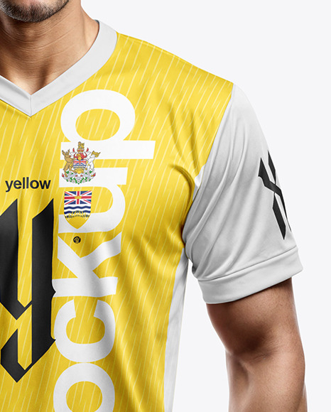 Young Latino Man Wearing V-Neck Soccer Jersey and Shorts Mockup