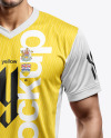 Young Latino Man Wearing V-Neck Soccer Jersey and Shorts Mockup