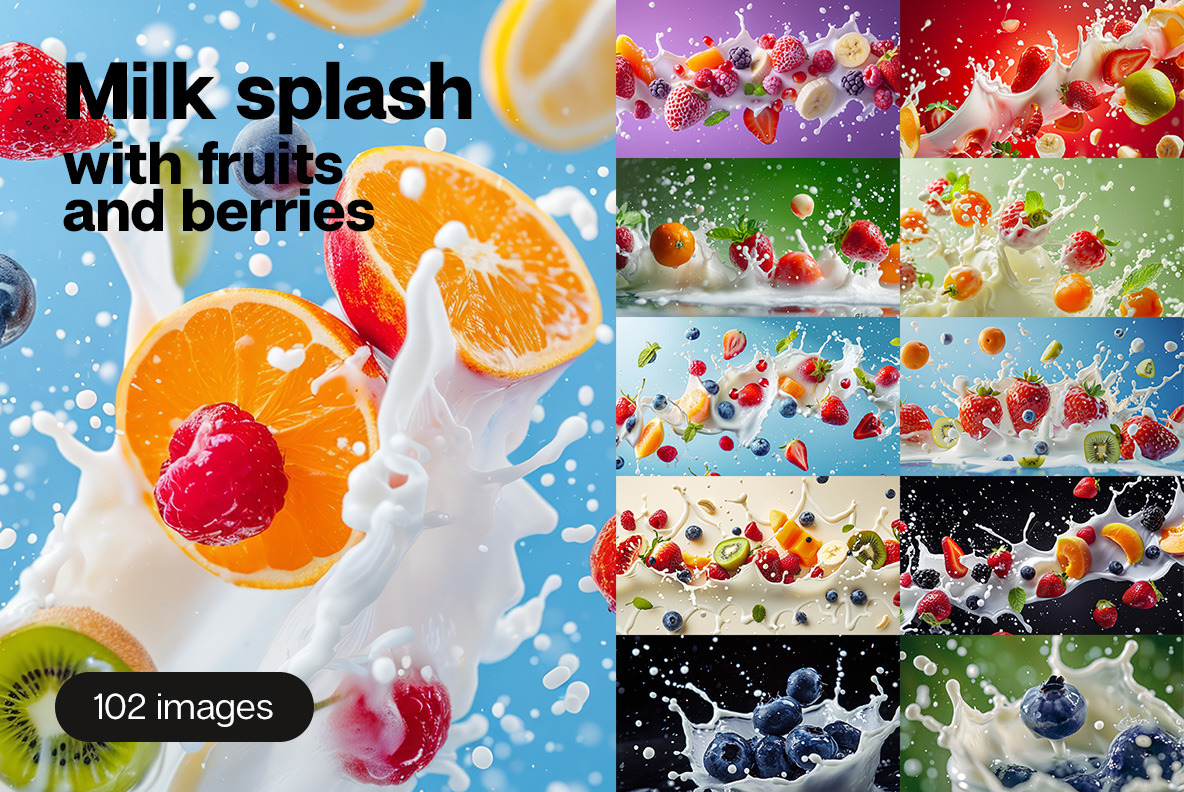 Milk splash with fruits and berries - 102 images Milk splash with fruits and berries - 102 images