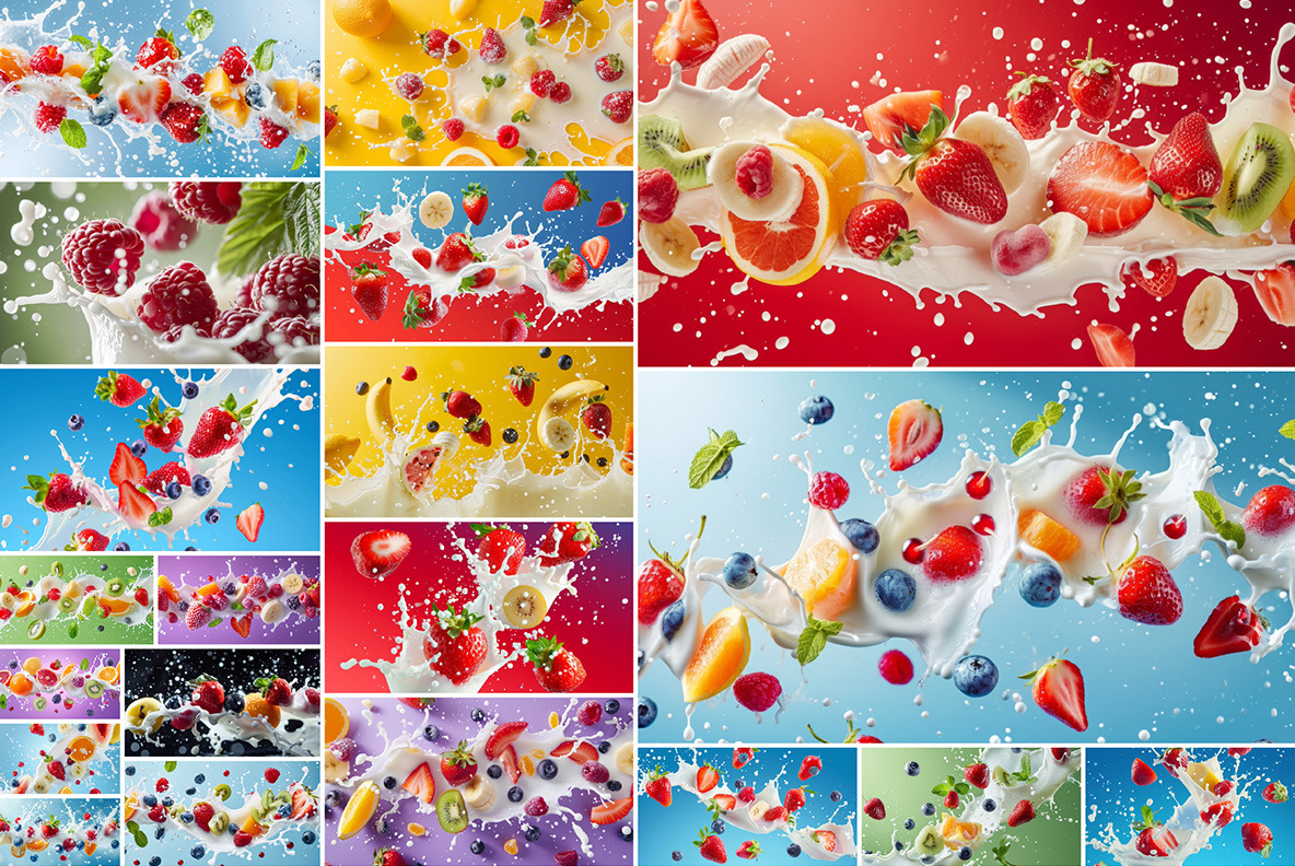 Milk splash with fruits and berries - 102 images Milk splash with fruits and berries - 102 images