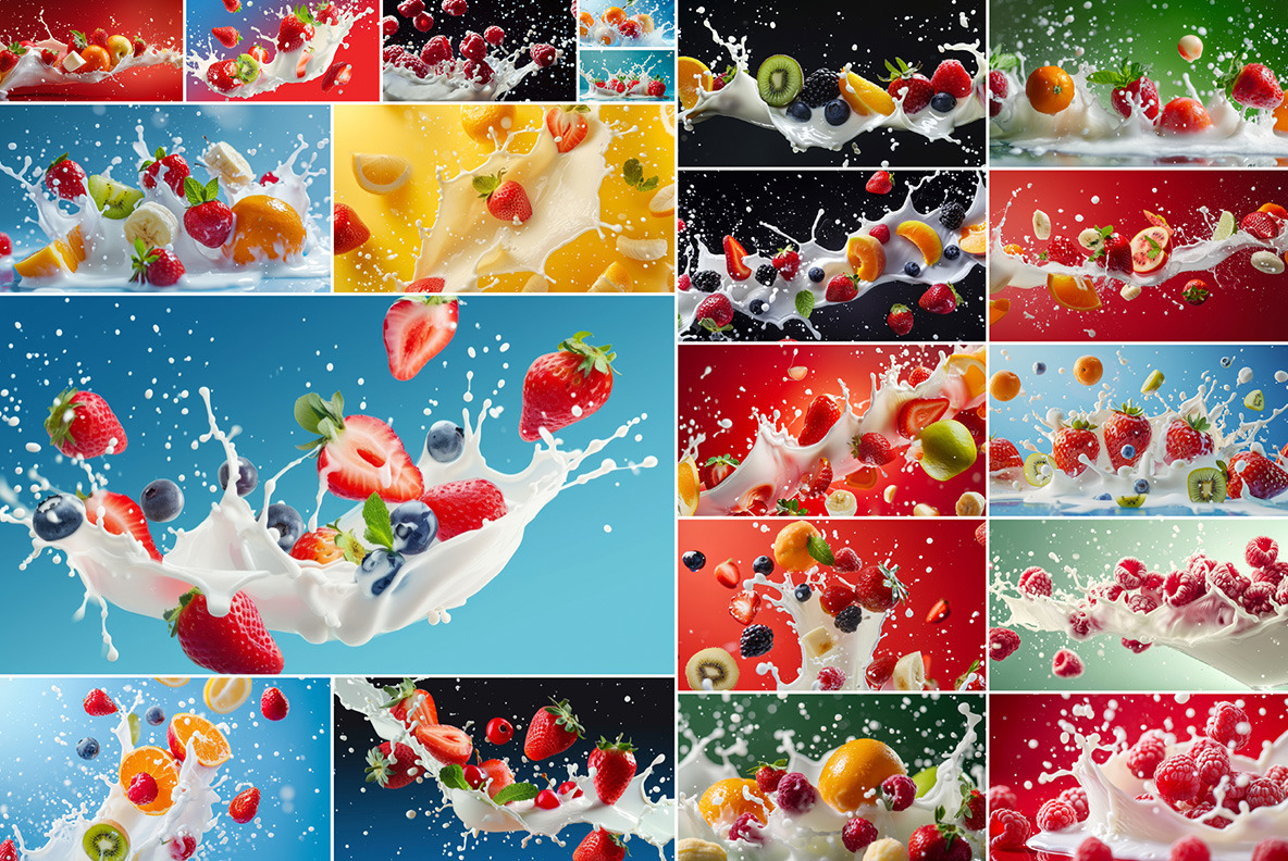 Milk splash with fruits and berries - 102 images Milk splash with fruits and berries - 102 images