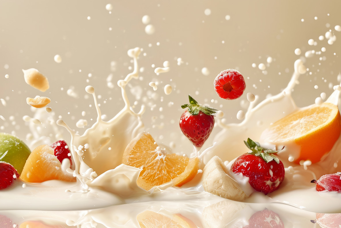 Milk splash with fruits and berries - 102 images Milk splash with fruits and berries - 102 images