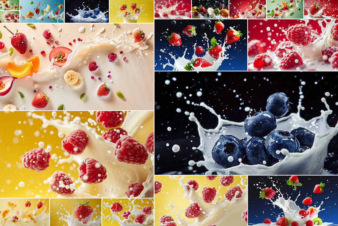 Milk splash with fruits and berries - 102 images Milk splash with fruits and berries - 102 images