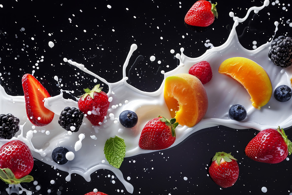 Milk splash with fruits and berries - 102 images Milk splash with fruits and berries - 102 images