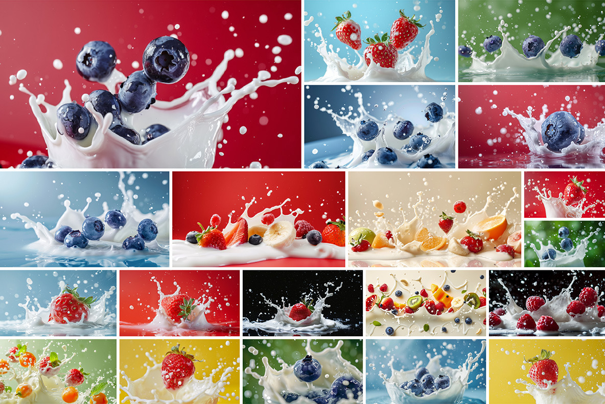 Milk splash with fruits and berries - 102 images Milk splash with fruits and berries - 102 images