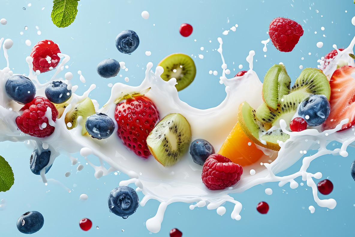 Milk splash with fruits and berries - 102 images Milk splash with fruits and berries - 102 images