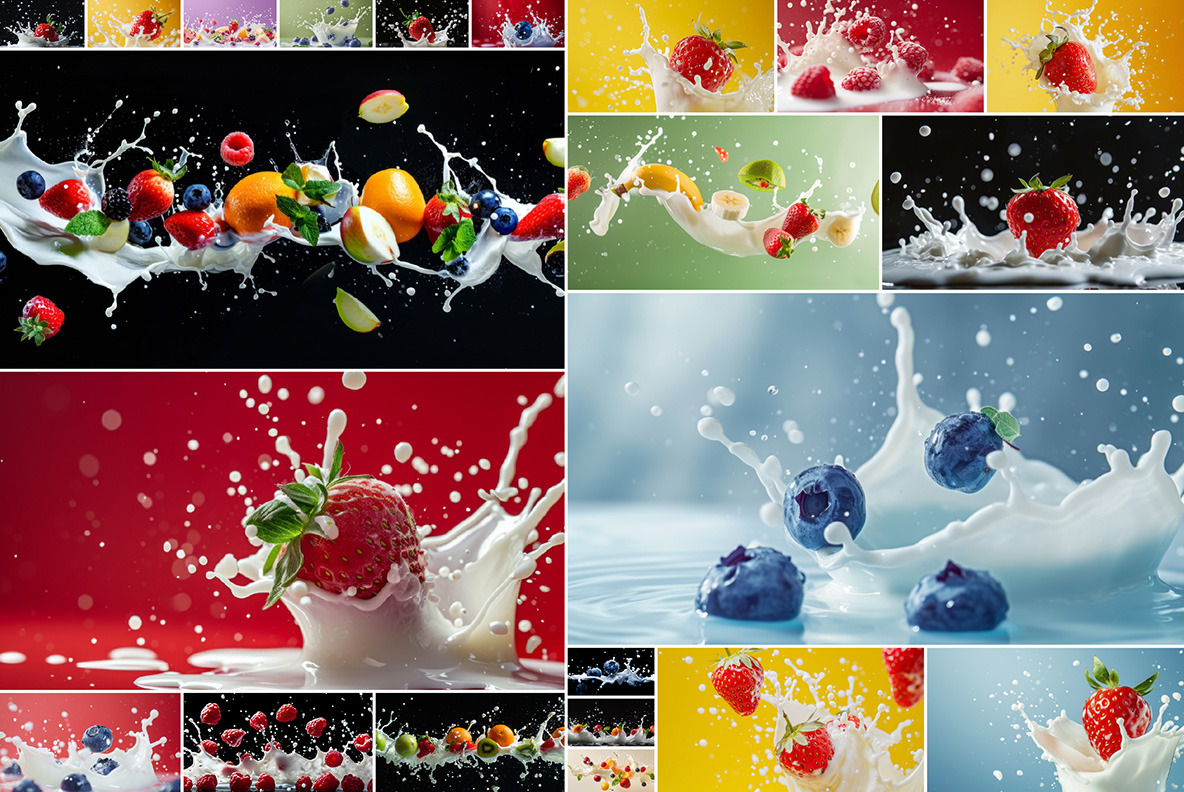 Milk splash with fruits and berries - 102 images Milk splash with fruits and berries - 102 images
