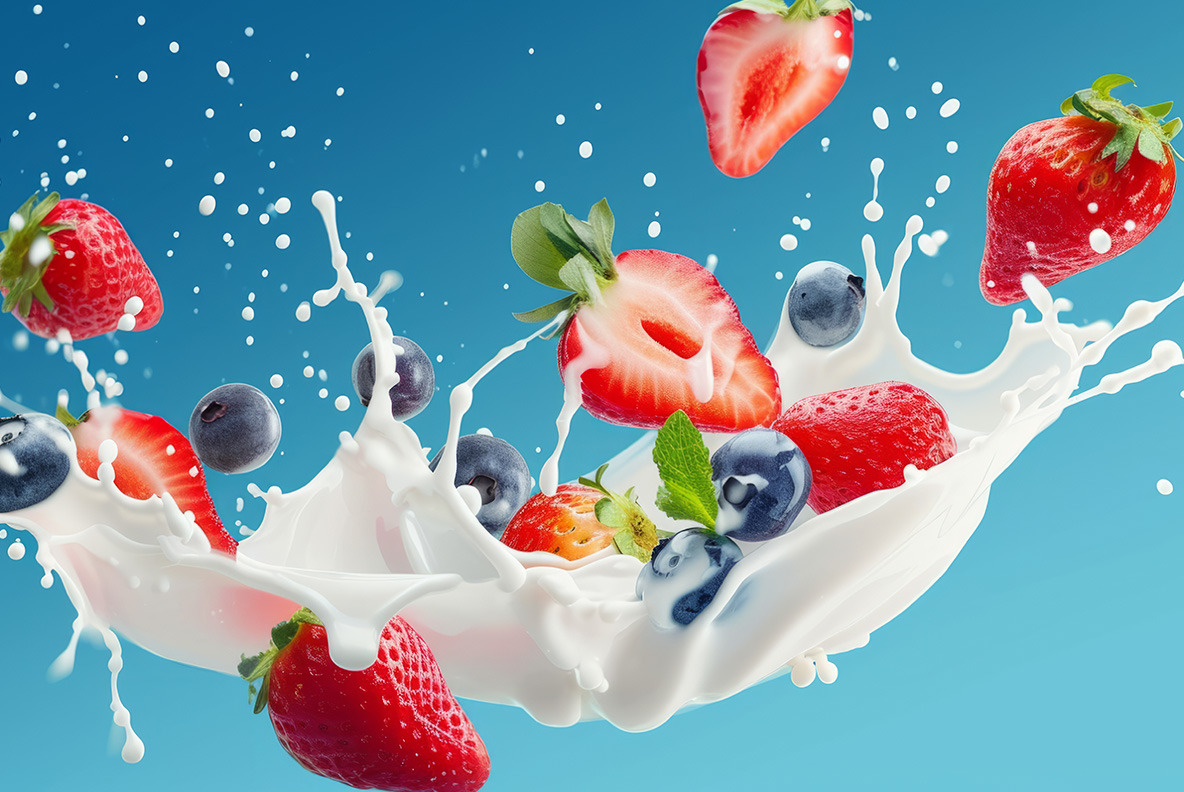 Milk splash with fruits and berries - 102 images Milk splash with fruits and berries - 102 images