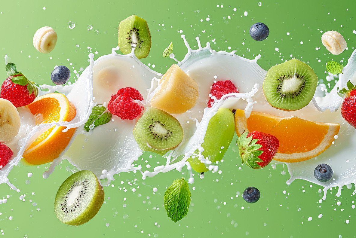 Milk splash with fruits and berries - 102 images Milk splash with fruits and berries - 102 images