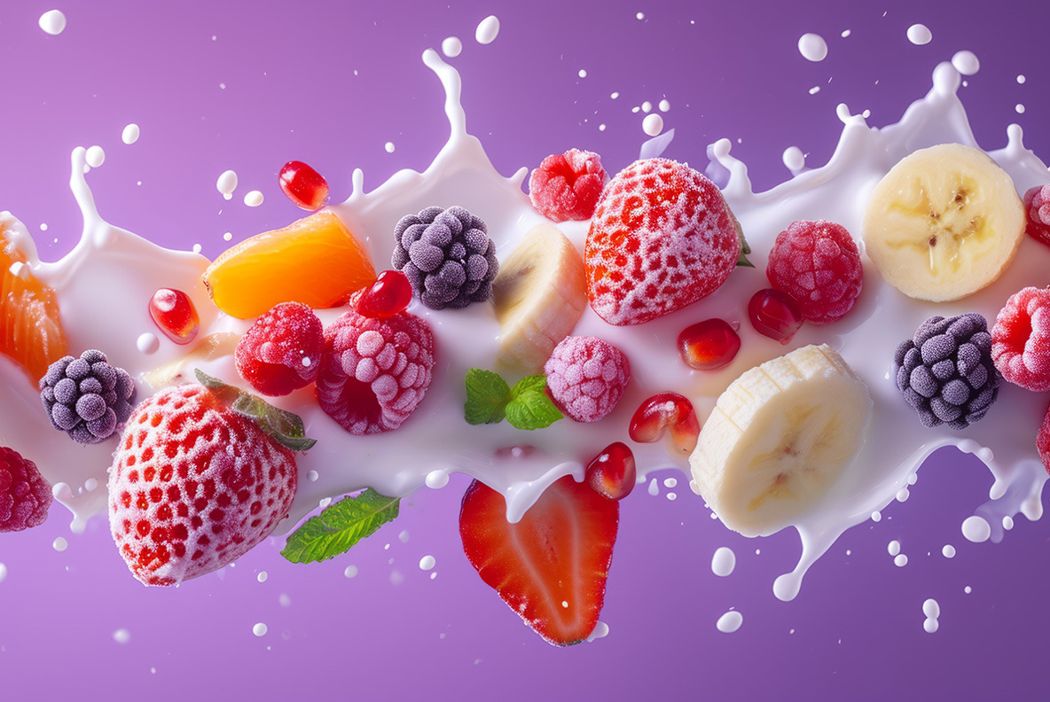Milk splash with fruits and berries - 102 images Milk splash with fruits and berries - 102 images
