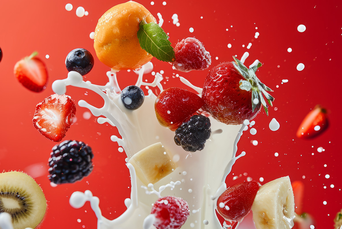 Milk splash with fruits and berries - 102 images Milk splash with fruits and berries - 102 images
