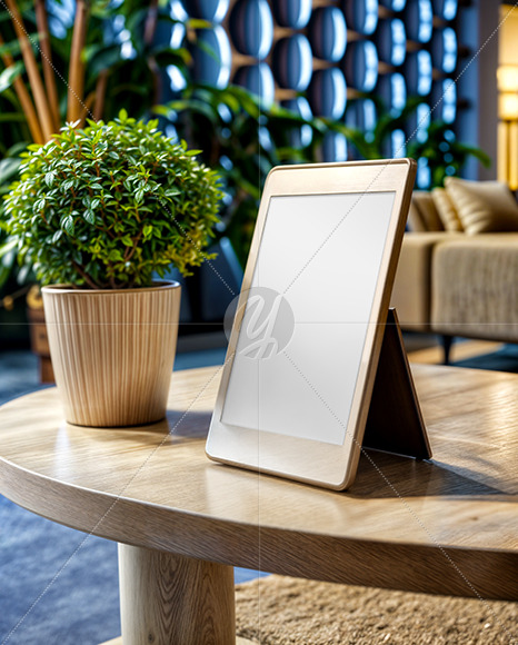 QR Code Scan Stand on a Wooden Table Mockup
