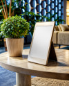 QR Code Scan Stand on a Wooden Table Mockup