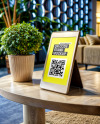 QR Code Scan Stand on a Wooden Table Mockup