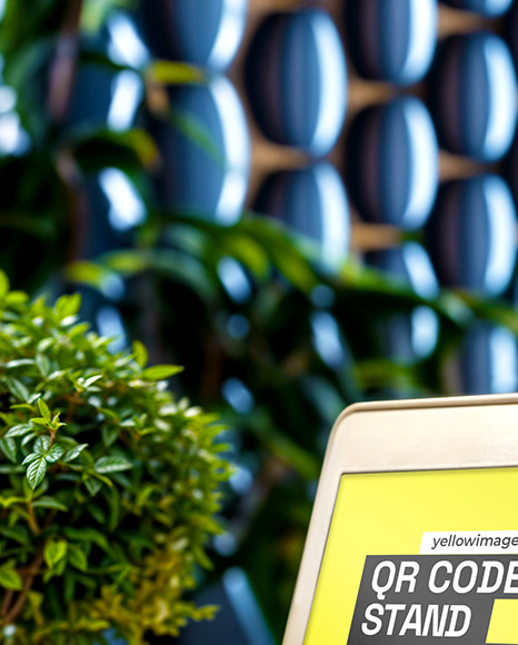 QR Code Scan Stand on a Wooden Table Mockup