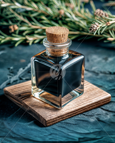 Dark Oil Tincture Square Bottle on a Wooden Board with Herbs Mockup
