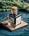 Dark Oil Tincture Square Bottle on a Wooden Board with Herbs Mockup