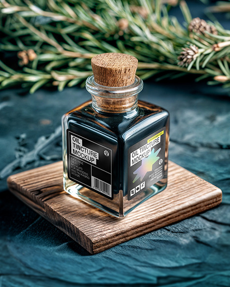 Dark Oil Tincture Square Bottle on a Wooden Board with Herbs Mockup