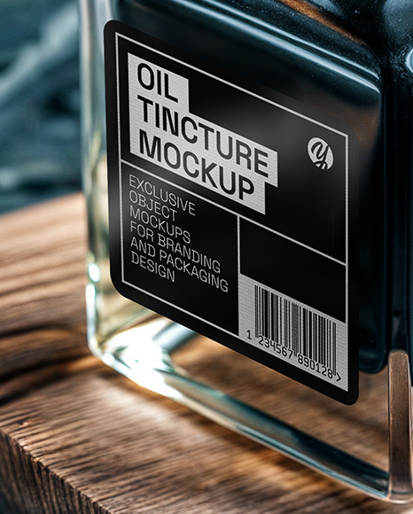 Dark Oil Tincture Square Bottle on a Wooden Board with Herbs Mockup