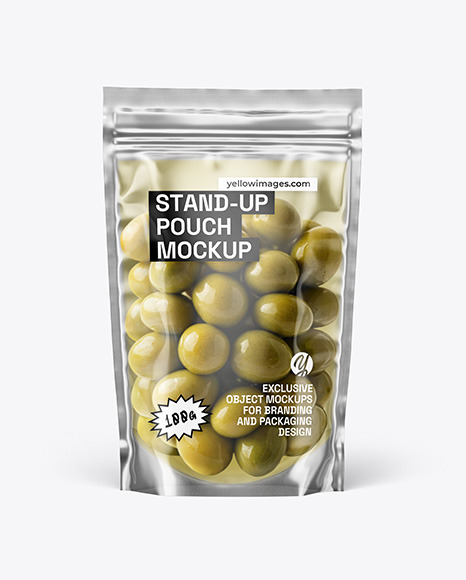 Clear Stand-Up Pouch w/ Olives Mockup