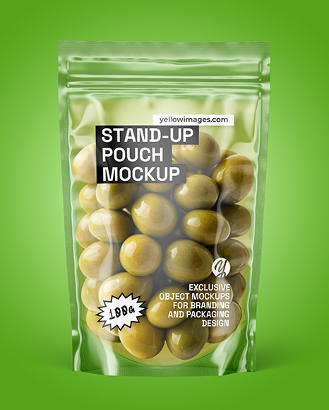 Clear Stand-Up Pouch w/ Olives Mockup