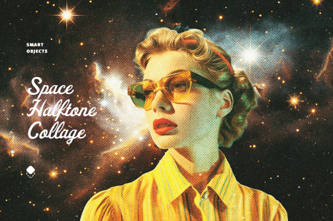 Space Halftone Collage Photo Effect - Halftones