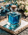 Blue Oil Tincture Square Bottle on a Wooden Board with Dry Flowers Mockup