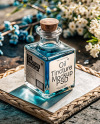 Blue Oil Tincture Square Bottle on a Wooden Board with Dry Flowers Mockup