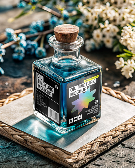 Blue Oil Tincture Square Bottle on a Wooden Board with Dry Flowers Mockup