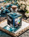Blue Oil Tincture Square Bottle on a Wooden Board with Dry Flowers Mockup