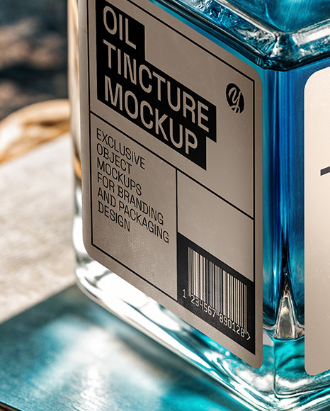 Blue Oil Tincture Square Bottle on a Wooden Board with Dry Flowers Mockup