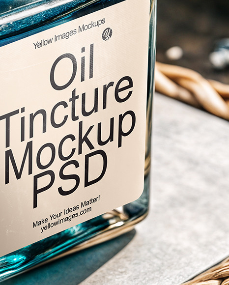Blue Oil Tincture Square Bottle on a Wooden Board with Dry Flowers Mockup