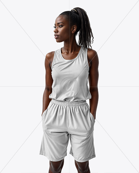 Young Black Woman Wearing a Basketball Jersey and Shorts Mockup
