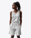 Young Black Woman Wearing a Basketball Jersey and Shorts Mockup
