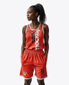 Young Black Woman Wearing a Basketball Jersey and Shorts Mockup