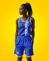 Young Black Woman Wearing a Basketball Jersey and Shorts Mockup
