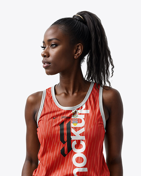 Young Black Woman Wearing a Basketball Jersey and Shorts Mockup