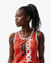 Young Black Woman Wearing a Basketball Jersey and Shorts Mockup