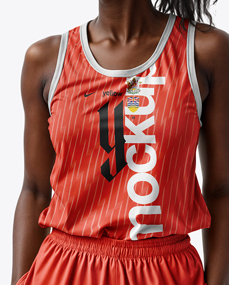 Young Black Woman Wearing a Basketball Jersey and Shorts Mockup