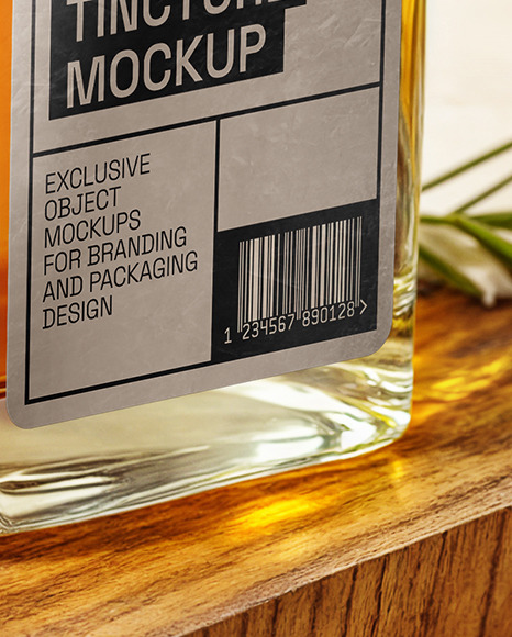 Orange Oil Tincture Square Bottle on a Wooden Board with Herbs Mockup