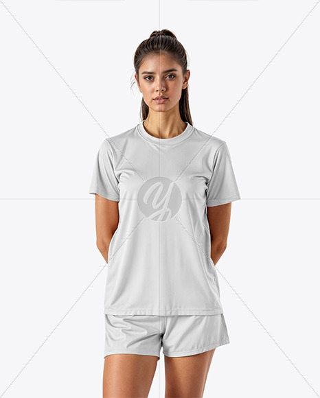 Young Woman Wearing Crew Neck Soccer Jersey and Shorts Mockup