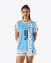 Young Woman Wearing Crew Neck Soccer Jersey and Shorts Mockup