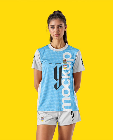 Young Woman Wearing Crew Neck Soccer Jersey and Shorts Mockup