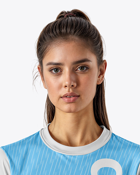 Young Woman Wearing Crew Neck Soccer Jersey and Shorts Mockup