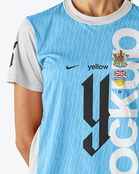 Young Woman Wearing Crew Neck Soccer Jersey and Shorts Mockup