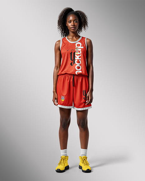 Curly Black Woman Wearing a Full Basketball Kit Mockup