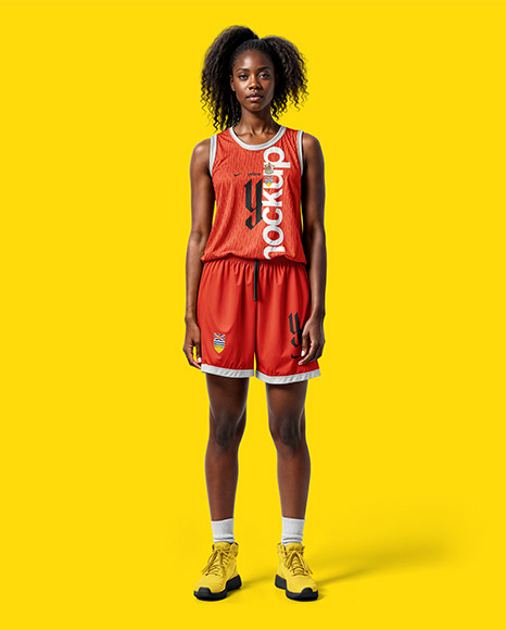 Curly Black Woman Wearing a Full Basketball Kit Mockup