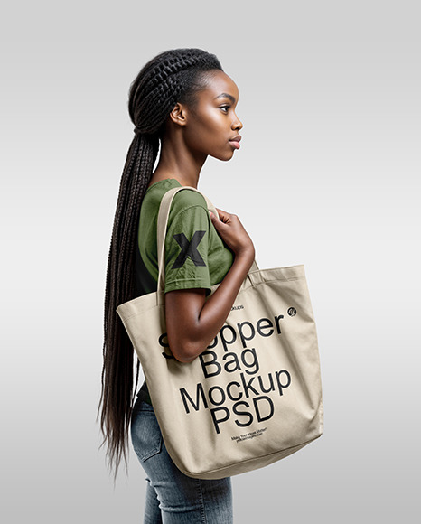 Black Woman with Tote Bag Wearing a T shirt and Jeans Mockup Free Download Images High Quality PNG JPG 140134