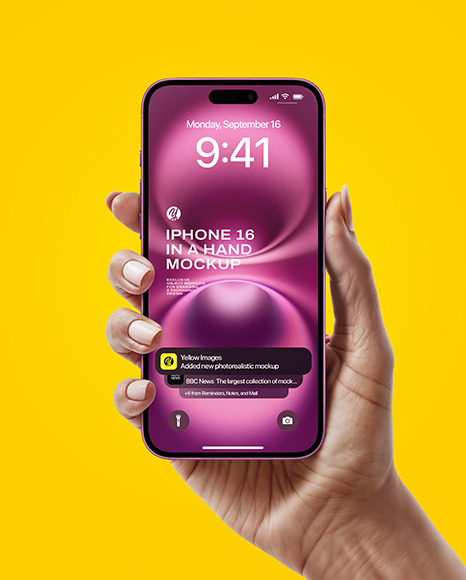 iPhone 16 Pink in a Hand Mockup