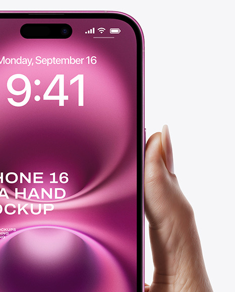 iPhone 16 Pink in a Hand Mockup